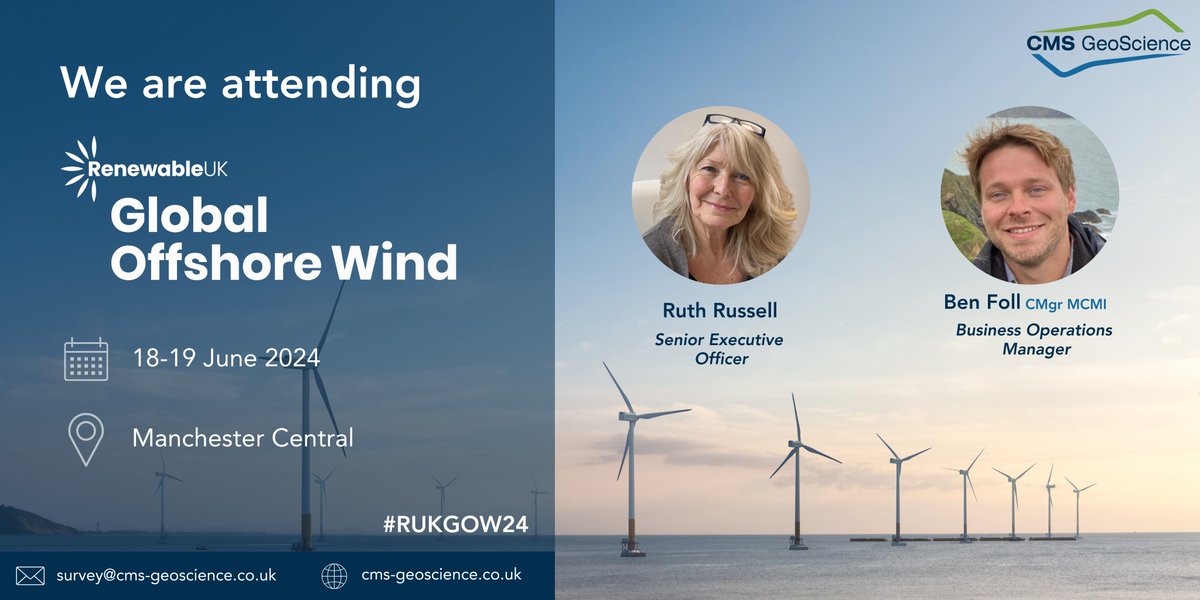 CMS-GeoScience Ltd (@cmsgeoscience) on Twitter photo Our Business Operations Manager, Ben Foll, and Senior Executive Officer, Ruth Russell, will be attending the first day of <a href="/RenewableUK/">RenewableUK</a> Global #Offshore #Wind 2024.
Get in touch to arrange a meeting to learn more about what we are doing within the #renewable industry.
#RUKGOW24 Our Business Operations Manager, Ben Foll, and Senior Executive Officer, Ruth Russell, will be attending the first day of <a href="/RenewableUK/">RenewableUK</a> Global #Offshore #Wind 2024.
Get in touch to arrange a meeting to learn more about what we are doing within the #renewable industry.
#RUKGOW24