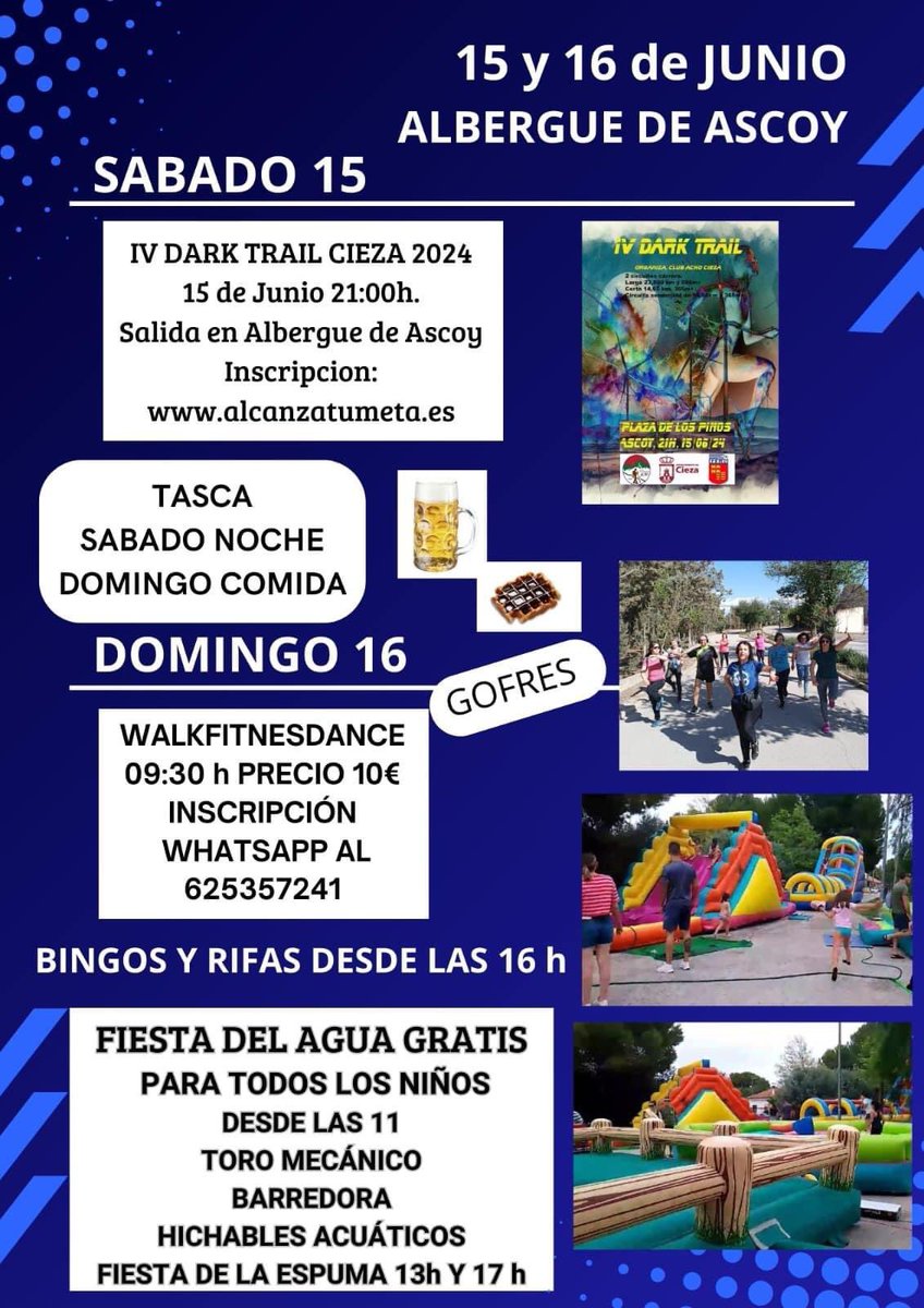 😃 Actividades para este finde en #Ascoy 

Enhorabuena a todos los organizadores 👏👏

Habrá servicio de Tasca con <a href="/losdormiscieza/">Cofradía Los Dormis</a> y <a href="/Magdalena_Cieza/">Hermandad de Santa María Magdalena</a>