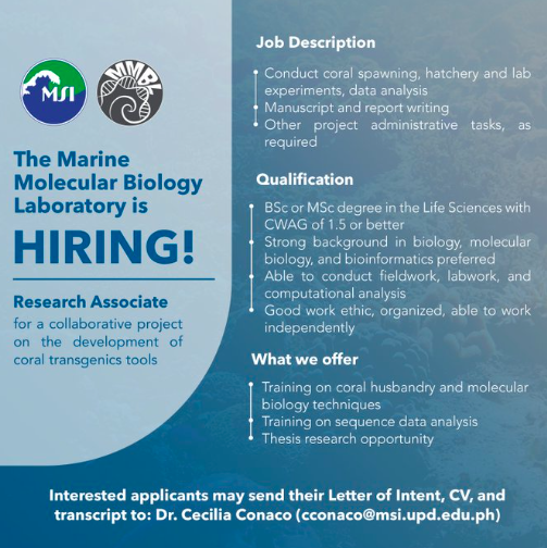 CORAL SPAWNING AND HUSBANDRY RESEARCH ASSOCIATE POSITION: The Marine Molecular Biology Laboratory (University of the Philippines Marine Science Institute)

msi.upd.edu.ph

#coralreefs #coralspawning #coralhusbandry #careers #careerdevelopment #jobs #jobopportunity
