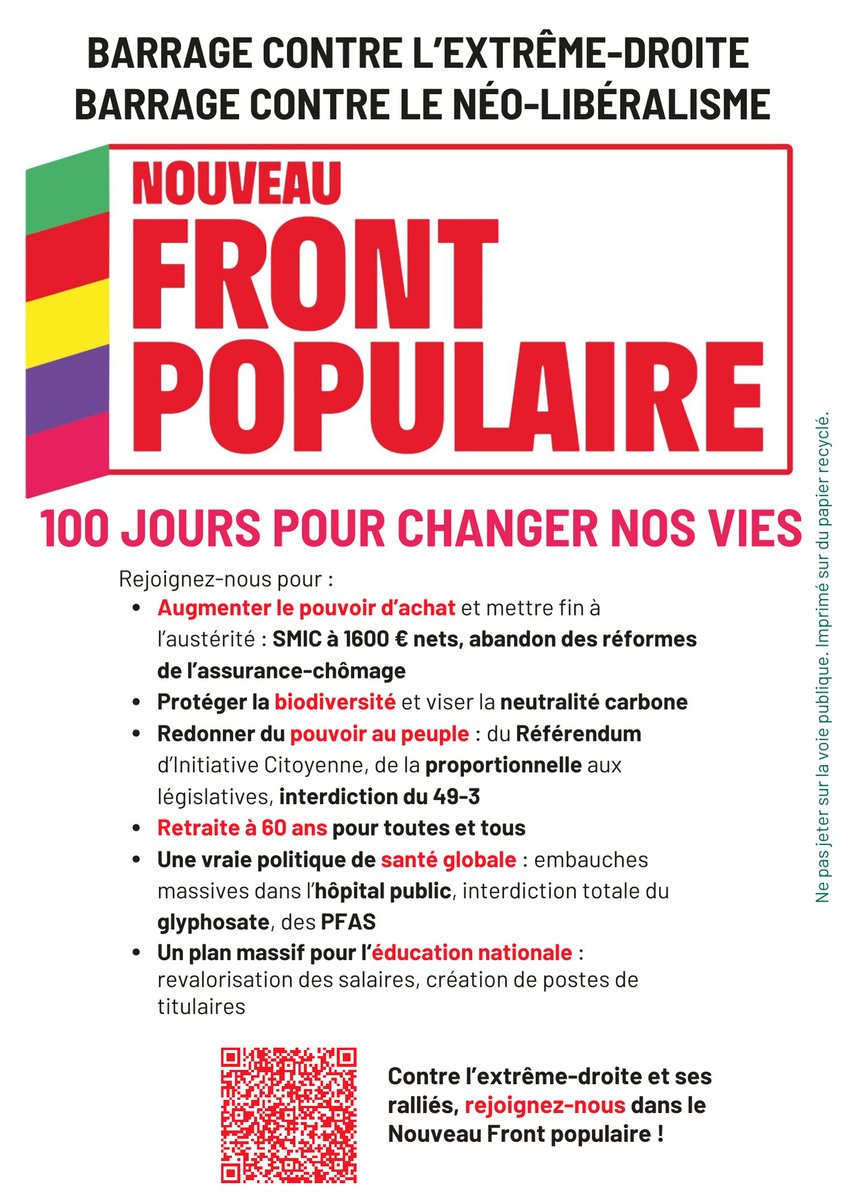 Parce qu'il faut faire barrage à l'extrême-droite, et que ce ne sont ni LR, ni la Macronie qui le font... 

Nouveau Front Populaire ! ✊

On y va pour gagner, on y va pour changer nos vies, en tellement mieux !