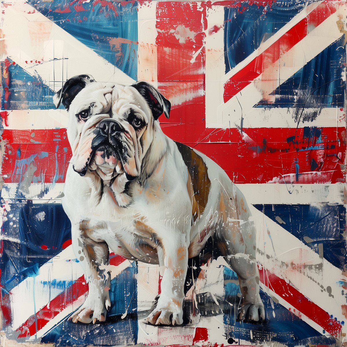 A British bulldog stands prominently against a backdrop featuring the Union Jack, the flag of the United Kingdom, displayed in a distressed style with visible brush strokes. The dog gazes forward with a stoic expression.

shop.photo4me.com/1337599/framed…