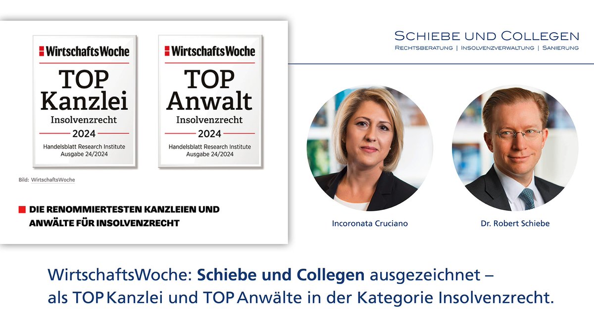 Schiebe und Collegen von der WirtschaftsWoche als TOP Kanzlei 2024 sowie Dr. Robert Schiebe und Incoronata Cruciano als „besonders empfohlene Anwälte“ für Insolvenzrecht ausgezeichnet.

Die komplette Meldung lesen Sie hier: schiebe.de/schiebe-und-co…