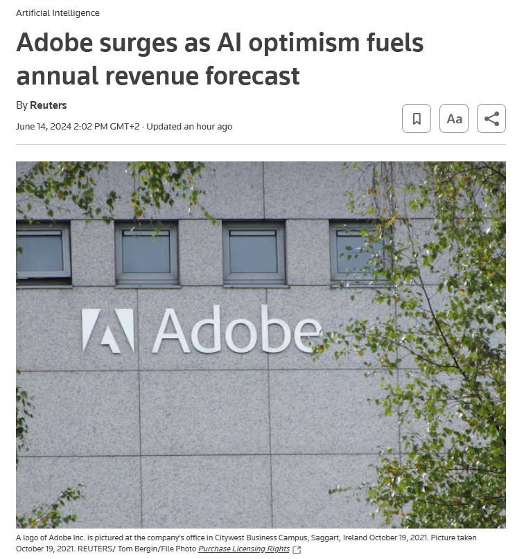 Exciting times in the AI industry 🌐

Adobe's impressive surge in revenue forecasts, driven by AI innovations, highlights a booming market. 
This optimism reflects the rising demand for advanced AI tools, providing a promising outlook for SOWA AI.
 
As enterprises and consumers