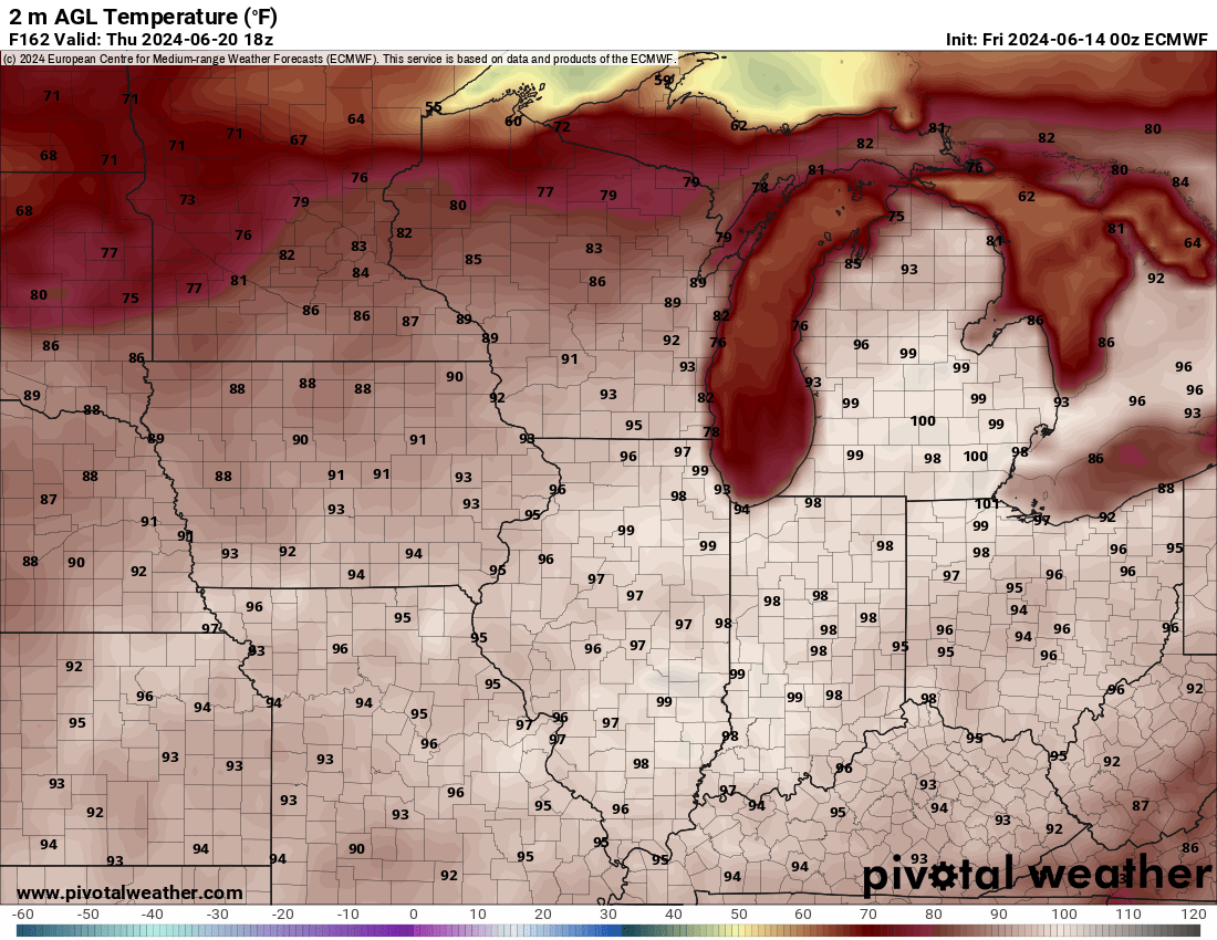 nilwxreports's tweet photo. Next Thursday looks like the hottest day of the heat wave with highs well into the 90s if not around 100 degrees. Monday will not be far from the century mark as well. Humidity won't be too bad so heat index in the low 100s is possible. #ilwx https://t.co/0kEoJm06VV