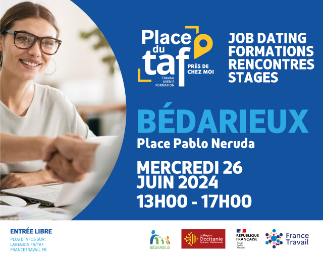 Vous recherchez un emploi ou des informations ?
La ville de Bédarieux accueille la Place du taf, le mercredi 16 juin de 13h à 17h sur la place Pablo Neruda.
Ouvert à tous. N'oubliez pas votre CV !
<a href="/Occitanie/">Région Occitanie</a> <a href="/FTravail_OCC/">France Travail Occitanie</a> #placedutaf