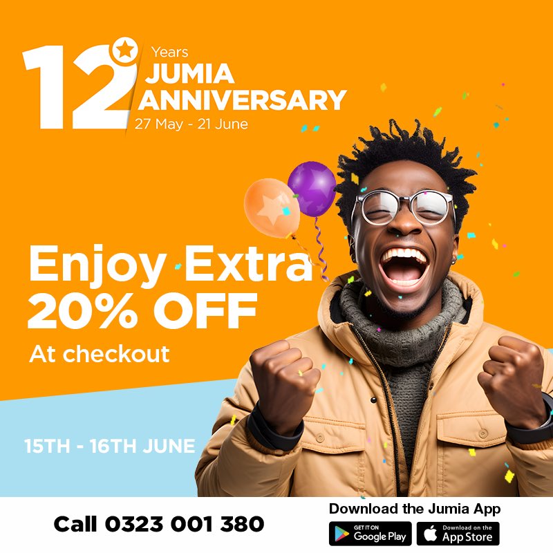 Shopping just got super exciting 🥳
Enjoy an extra 20% off at checkout this weekend 🥁🥁 #JumiaAnniversary 

Ready to save some cash? 
Click >> t.ly/10R6A