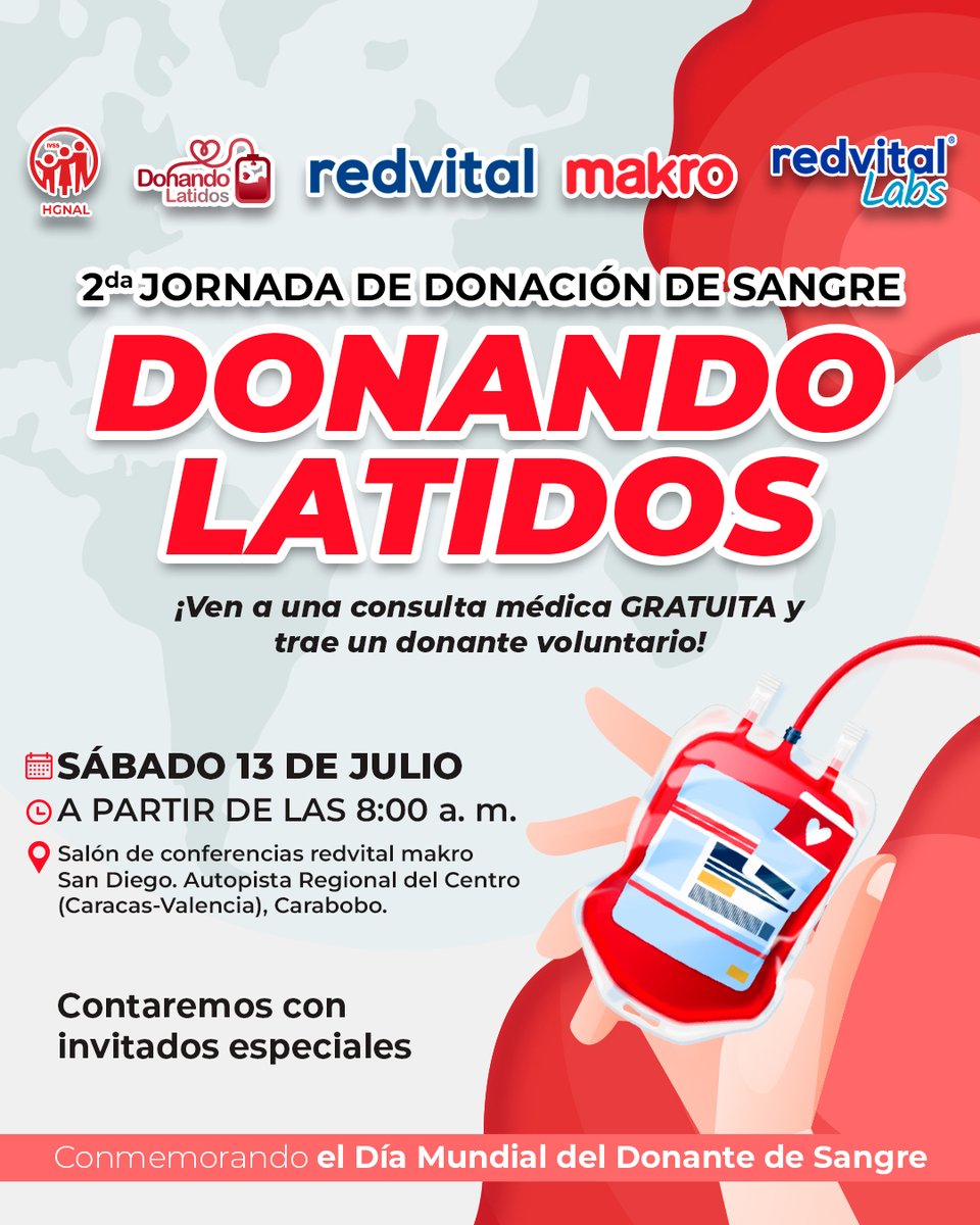 Conmemorando el Día Mundial del Donante de Sangre te invitamos a la 2da. Jornada Donando Latidos❤️

A beneficio del Hospital General Nacional Dr. Ángel Larralde que se realizará el sábado 13 de julio a partir de las 8:00 a.m. en el Salón de Conferencias redvital makro San Diego📍