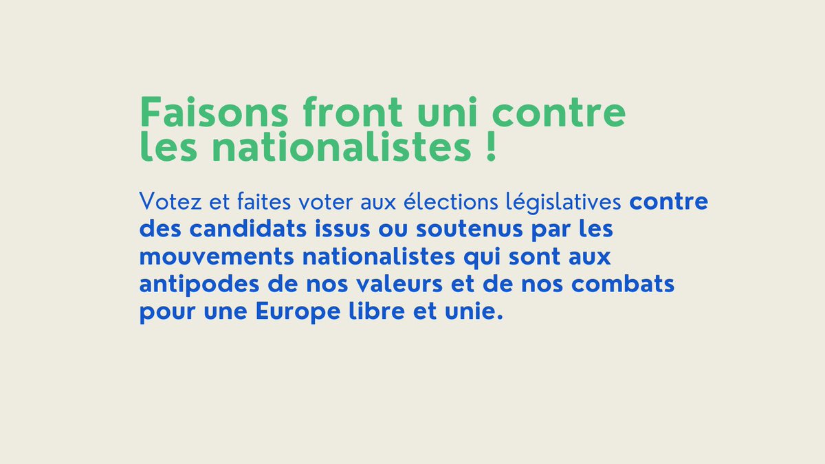 ✊ On aurait préféré vous dire que l’Europe n’était plus menacée mais le projet européen est en danger.  

Parce que le risque est réel, nous appelons à voter pour les candidats qui défendront sans ambiguïté le projet européen aux #Legislatives2024 

Faisons BLOC pour l’Europe