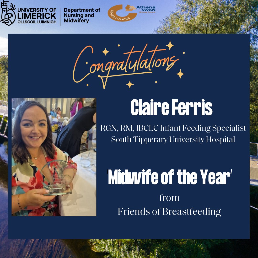 NursingMid_UL's tweet photo. Congratulations to @ClaireFerris2 awarded "Midwife of the Year" from @FriendsofBF 

Claire works as a midwife infant specialist in @TipperaryUH providing exemplary supporting to breastfeeding families. 

Claire undertook a ​Higher Diploma in Midwifery ​in UL &amp; UMHL (2006-2008). https://t.co/lN7zCzPdE6
