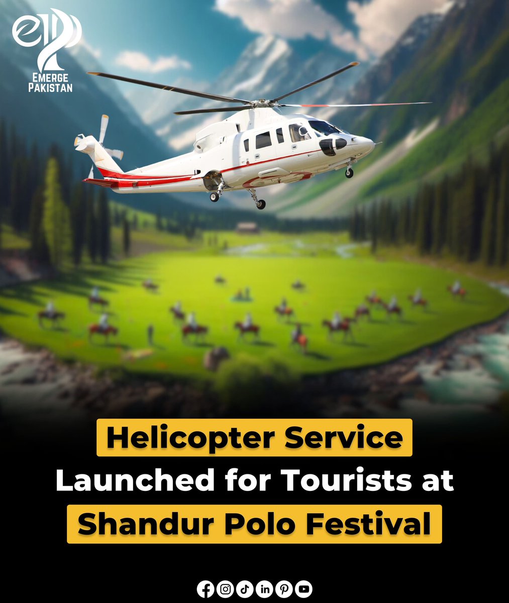 EmergePakistan's tweet photo. The Khyber Pakhtunkhwa government has launched a helicopter safari service for tourists at the Shandur Polo Festival.

The helicopter safari service is a collaboration of KP Culture and Tourism Authority and Patronate Aviation.

#KhyberPakhtunkhwa #Tourism #HelicopterSafari https://t.co/tFNcR96Xh0