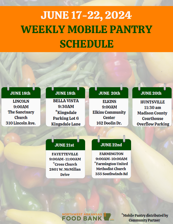 JUNE MOBILE PANTRY UPDATE

⚠️ Attention: For the month of June, we will be posting the Mobile Pantry schedule weekly. This is a temporary change to the schedule posts.

We ask that you visit one Mobile Pantry per month. There are no income or residency requirements.