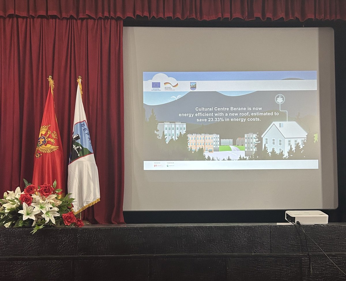 GERambMNE's tweet photo. Energy Efficiency 🤝 with Culture! Celebrating a milestone in the EU4 Energy Transition program. Thanks to the collaboration between @GIZ and the Municipality of Berane, energy-saving roof reconstruction of the Cultural Centre is now complete #SustainableFuture #EnergyEfficiency https://t.co/K9QAmBjYXV