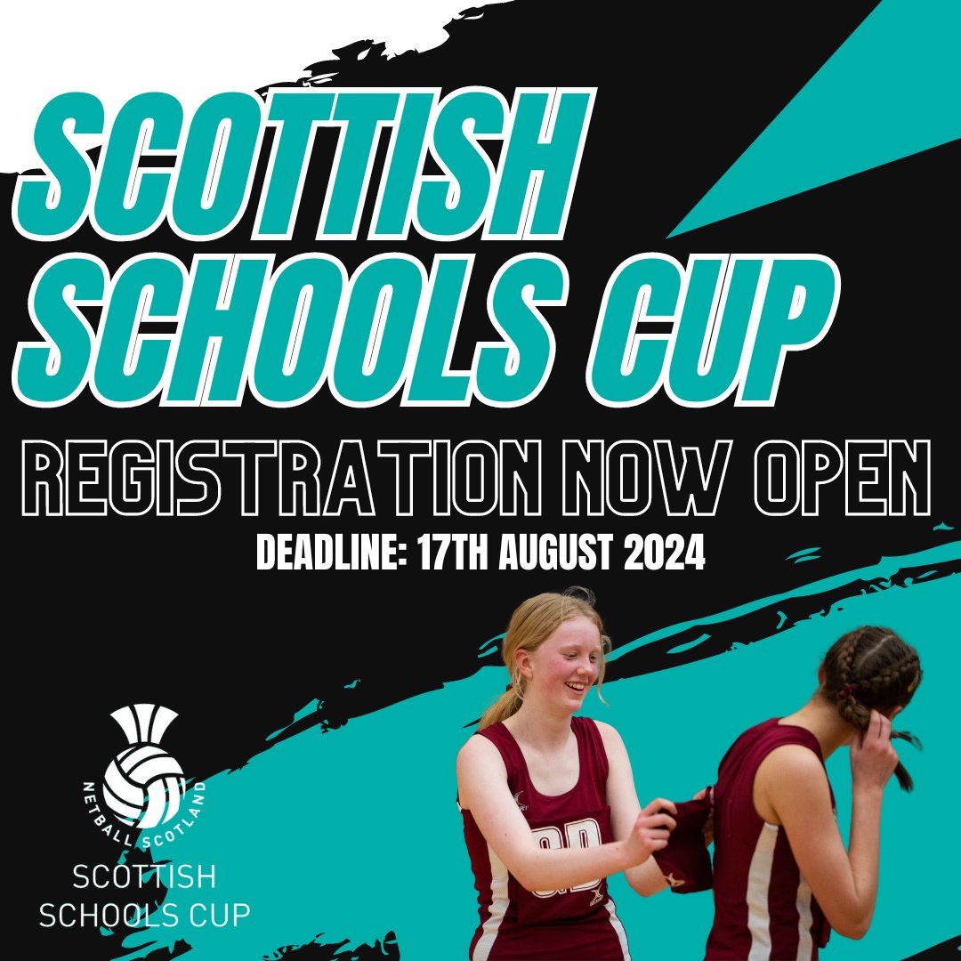 Registration for Scottish Schools Cup 2024/25 is now OPEN

Another exciting year of fun, competitive netball is coming! Deadline for registration is 17th of August - Sign up now👇
bit.ly/3yXp455

#PowerofScotland #ScottishSchoolsCup