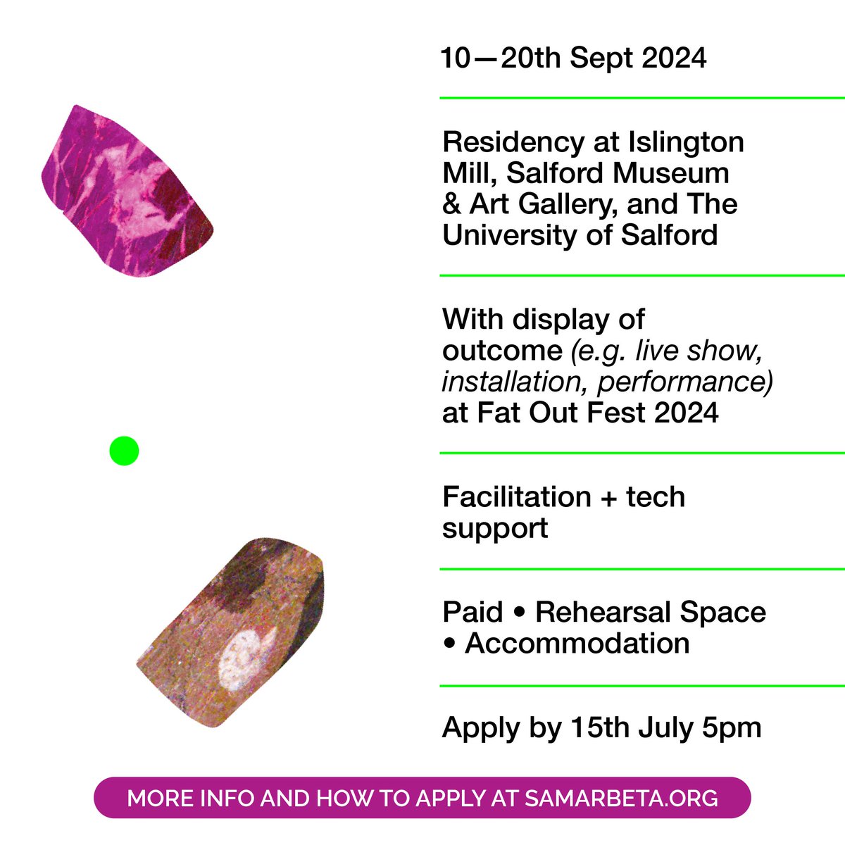 Open Call Residency Opportunity
—
Co-commissioned by Samarbeta, <a href="/iklectikartlab/">IKLECTIK</a> &amp; Hybrid Futures, responding to the #HybridFutures exhibition <a href="/SalfordMuseum/">Salford Museum & Art Gallery</a>

10th–20th Sept
+ Live presentation as part of <a href="/Fat_Out/">Fat Out</a> fest opening night

Deadline: 15th July
samarbeta.org/sbr022-opencall