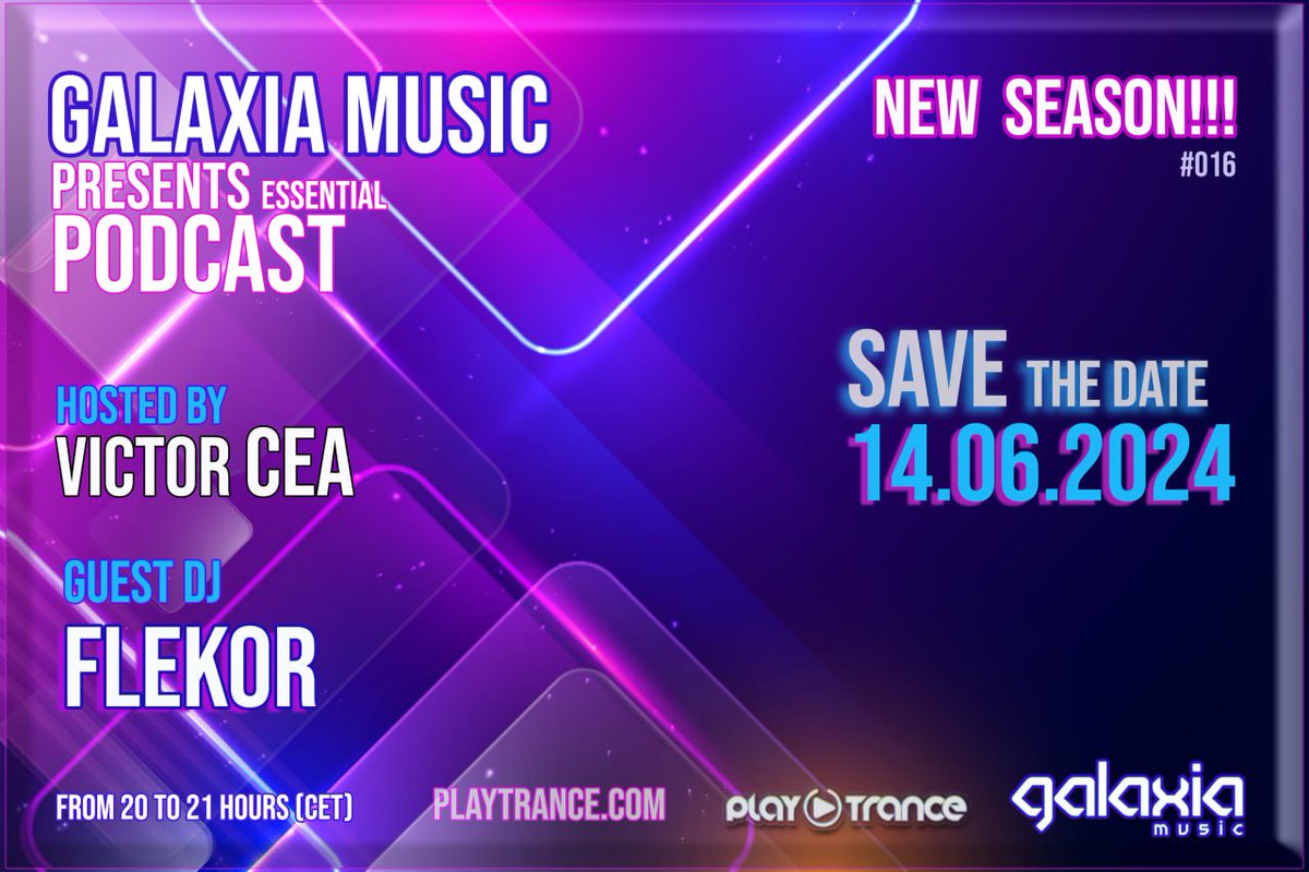 Today Galaxia Music Podcast #016 with <a href="/CeaVictor/">𝖵𝗂𝖼𝗍𝗈𝗋 𝖢𝖾𝖺 💿</a> &amp; <a href="/Flekor/">Flekor</a> Guestmix.

 Music by: <a href="/RickArtMusic/">Rick Art</a>  | <a href="/csystems/">C-Systems</a>  |  <a href="/AllenWattsMusic/">Allen Watts</a> and more.  
Broadcast at 20h CET on <a href="/PlayTranceRadio/">PlayTrance Radio-TV Spain</a> 🎧playtrance.com