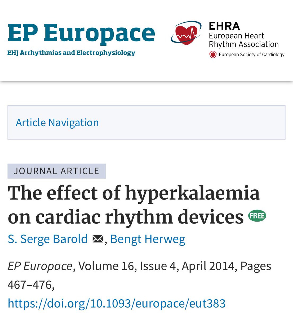 arvindcanchi's tweet photo. In patients with pacemakers, hyperkalaemia causes three important abnormalities that usually become manifest when the K level exceeds 7 mEq/L: 
(i) widening of the paced QRS complex from delayed intraventricular conduction velocity, 
(ii) Increased atrial and ventricular pacing thresholds that may cause failure to capture. In this respect, the atria are more susceptible to loss of capture than the ventricles, and 
(iii) Increased latency (usually with ventricular pacing) manifested by a greater delay of the interval from the pacemaker stimulus to the onset of depolarization.
Excellent review article 👉https://t.co/K9RrJ52txI