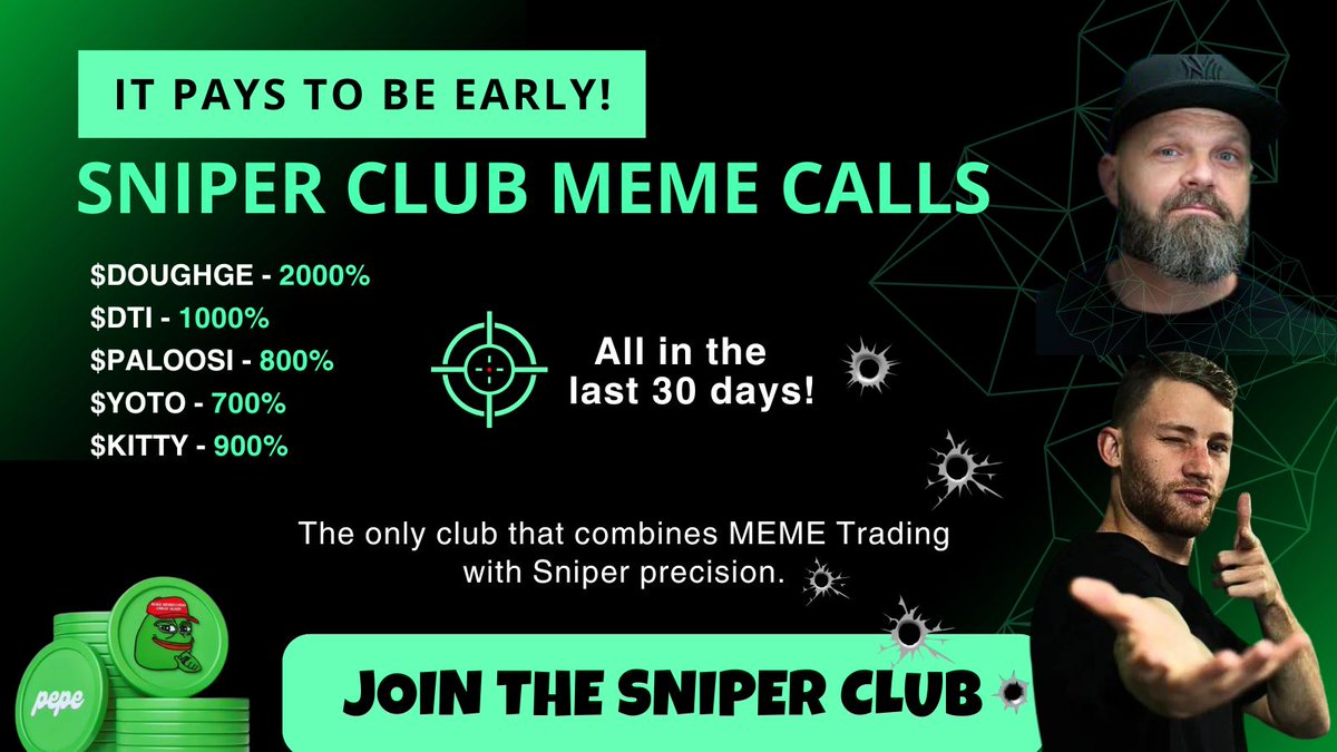 📷 MEME CALLS on fire! 
📷 $DOUGHGE - 2000% 
$DTI - 1000% 
$PALOOSI - 800% 
$YOTO - 700% 
$KITTY - 900% I
n the last 30 days! MEME Trading blended with Sniper Precision! 📷
 Join this elite club today: whop.com/thesniperclub/…
#JourneytoSolhalla #SniperClub <a href="/RealSniperClub/">Sniper Trading</a>