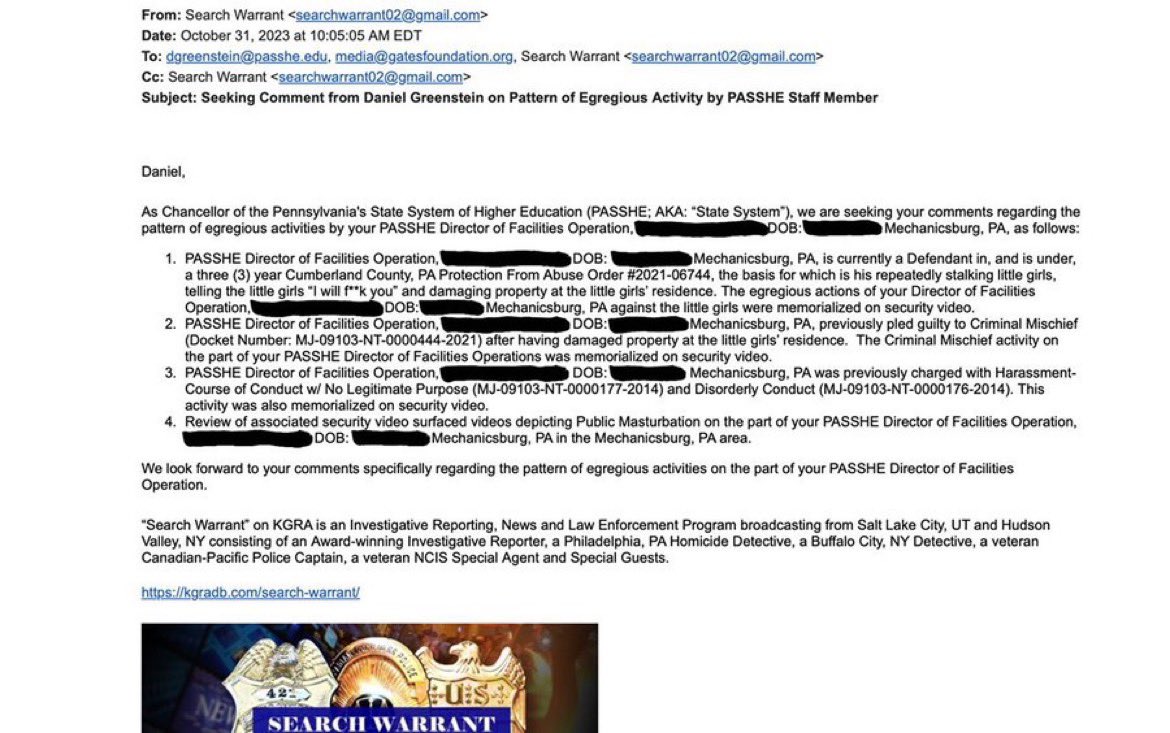 SearchWarrant1's tweet photo. Hi chancellor @dan_greenstein of #HigherEd @statesystem Just making sure you’re aware that your “Director of Facilities Operation” is currently under a #ProtectionFromAbuseOrder for telling little girls “I will f*ck you”, was #CaughtOnVideo in acts of #PublicMasturbation, #CriminalMischief and #Stalking …
#Pennsylvania #HigherEd
#CriminalMischief #PublicMasturbation
#Stalking #ProtectionFromAbuseOrder
@libsoftiktok @JackPosobiec @DefendingEd @ChildrensHD @statesystem @melindagates
@WCUofPA @IUPedu @millersvilleu
@LockHavenUniv @millersvilleu @PennWedinboro @pennwclarion @CUP_Education @BloomsburgU @shippensburgU @mansfieldu @ESUniversity @KutztownU @CheyneyUniv