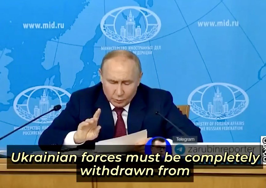 officejjsmart's tweet photo. Putin did not offer Ukraine to “negotiate.” Putin offered Ukraine to surrender 20% of its territory, millions of its citizens, &amp; to reject NATO while Russia regroups &amp; rearms to invade further into Ukraine to conquer Kyiv.

Putin cannot be trusted. Putin must be stopped. https://t.co/8YE02Takup