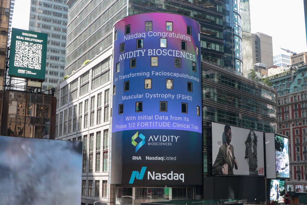 We’re thrilled that Avidity was recently featured on the Nasdaq tower in NYC’s Times Square in honor of our groundbreaking data from our Phase 1/2 FORTITUDE™ trial in people living with #FSHD. Thank you <a href="/Nasdaq/">Nasdaq</a> for the incredible recognition!