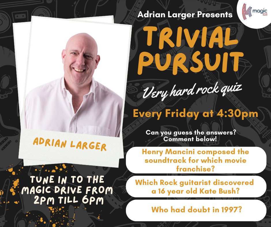 Join Adrian Larger in playing Trivial Pursuit! On Fridays it's the Very Hard Rock Quiz! 📷 Can you guess the answers? Comment below!