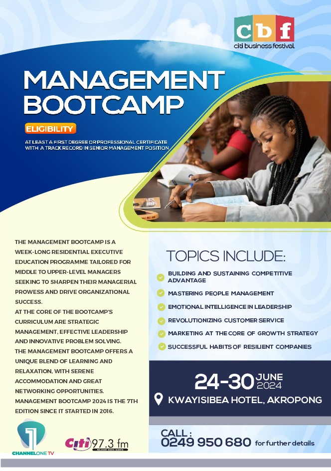 Channel1TVGHA's tweet image. Unleash Your Leadership Potential! This intensive, week-long residential program offers executive-level training for middle to upper-level managers seeking to drive business success. Don't miss out! Call 0249950680 for details. #CitiBusinessFestival #ManagementBootcamp