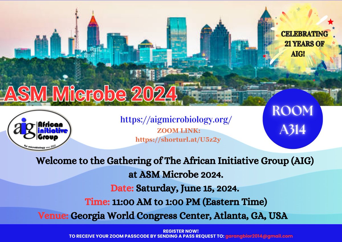 AigMicrobiology's tweet photo. #ASMicrobe #Microbe2024 #Afroscience venue✅our speakers ✅We are excited to kick off this year's Gathering of the African Initiative Group for Microbiology, for those in Atlanta find us in ROOM-A314. For virtual attendees request your pass &amp; use this link https://t.co/v7YbdRQwwj https://t.co/wyUvMSn9WX