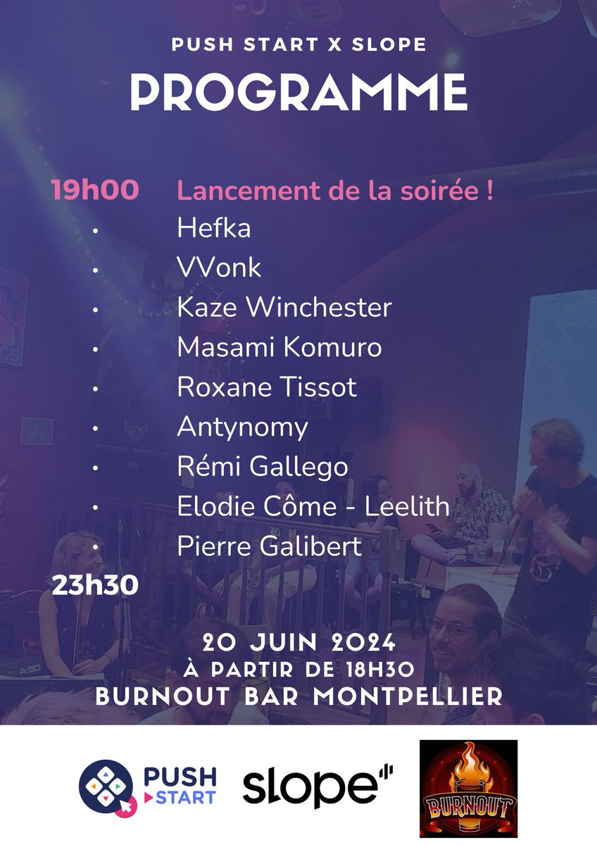 À six jours de la fête de la musique Push Start x Slope, il est temps pour nous de vous présenter notre programme !

Rendez-vous sur nos réseaux pour en apprendre plus sur tous·tes ces artistes durant les prochains jours, et jeudi au <a href="/leburnoutbar/">Burnout Bar</a> pour les découvrir en live 🎵🎶