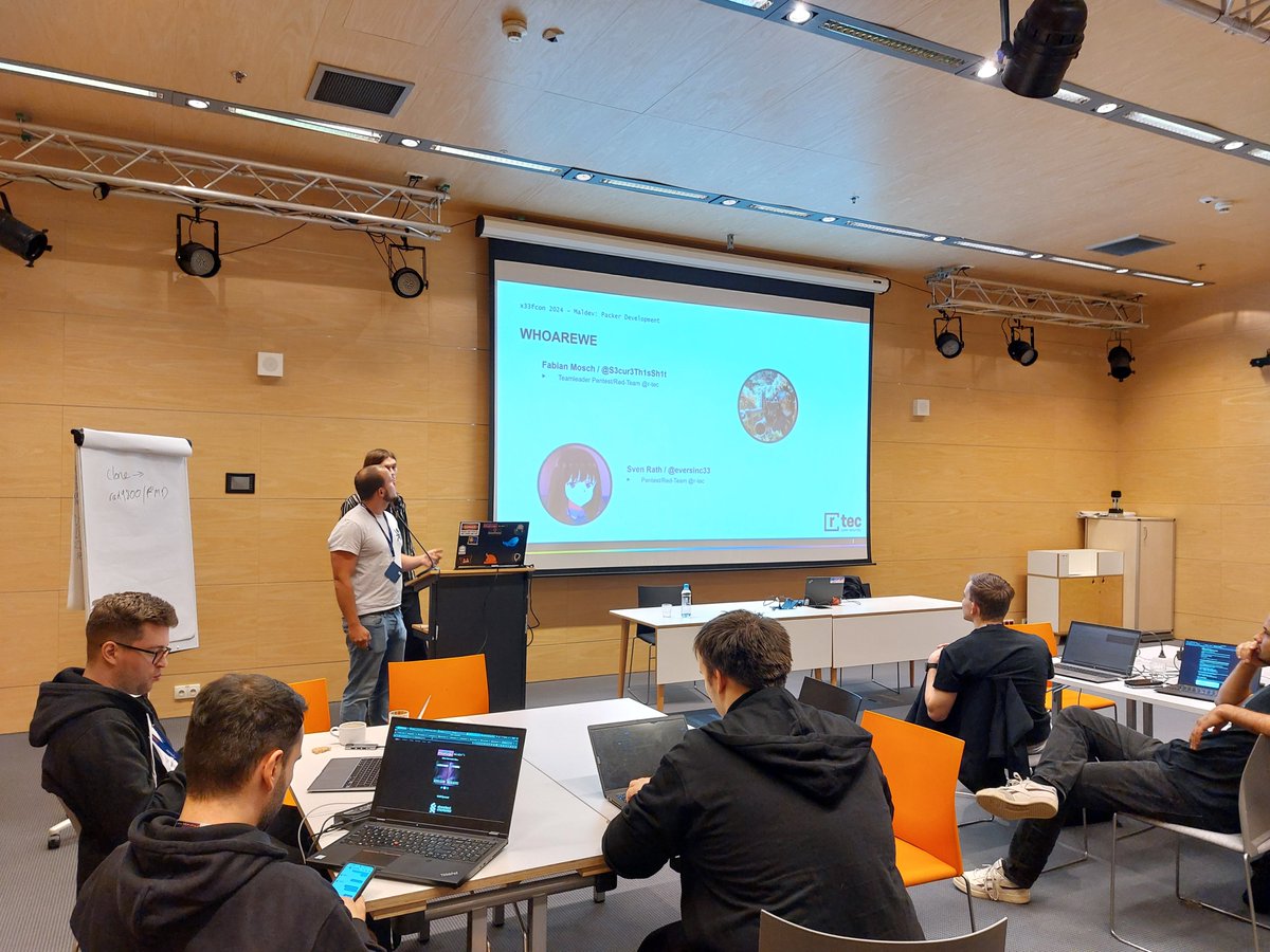 /ΛziΛf-kΙn/ (@x33fcon) on Twitter photo #Maldev - Packer Development is going strong in a #workshop at #x33fcon being taught by <a href="/ShitSecure/">S3cur3Th1sSh1t</a> and <a href="/eversinc33/">eversinc33 π€πͺβο½‘Λ β</a> - #redteam #blueteam #Maldev - Packer Development is going strong in a #workshop at #x33fcon being taught by <a href="/ShitSecure/">S3cur3Th1sSh1t</a> and <a href="/eversinc33/">eversinc33 π€πͺβο½‘Λ β</a> - #redteam #blueteam