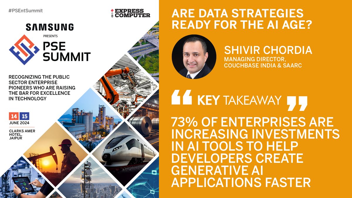 ExpComputer's tweet photo. Key Takeaway: ‘73% of enterprises are increasing investments in AI tools to help developers create generative AI applications faster’: Shivir Chordia, Managing Director, @couchbase India &amp; SAARC at the #PSEntSummit | 14th June 2024 | #Jaipur

@srikrp @NivedanPrakash @H_Y_DESAI https://t.co/HPhoKkchbm