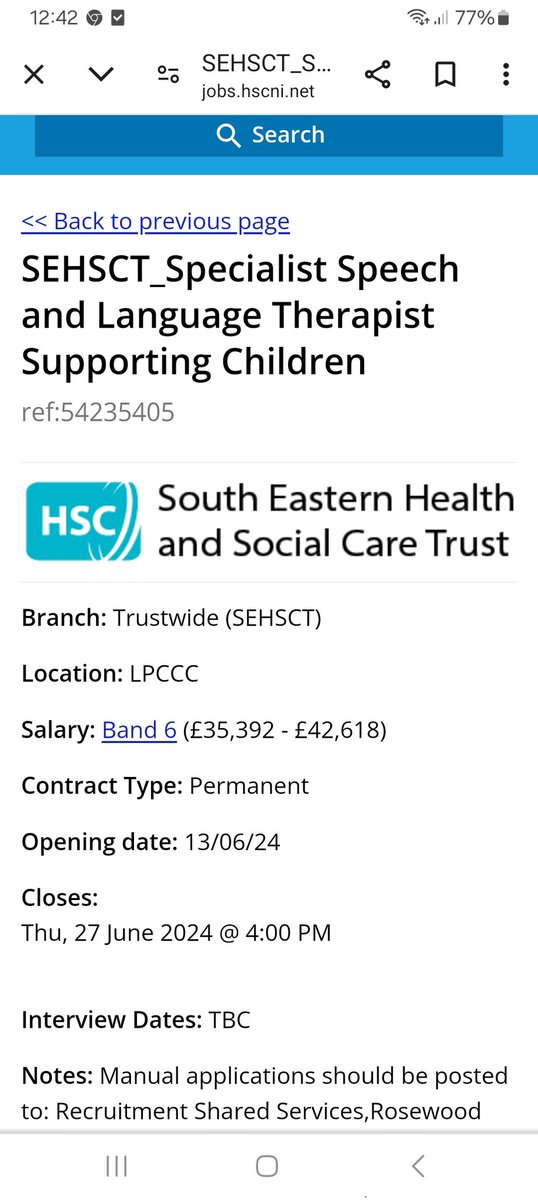 Great opportunity to join our team in <a href="/setrust/">South Eastern Trust</a> and work as part of our children's SLT service supporting children with additional needs. Take a look <a href="/lorrainecoulte4/">Lorraine Coulter</a> @AileenSlt  <a href="/katierocke/">Katie Rocke</a> <a href="/EmmaRob28/">Emma Jayne</a> <a href="/sloughranSLT/">Sarah Corey</a>