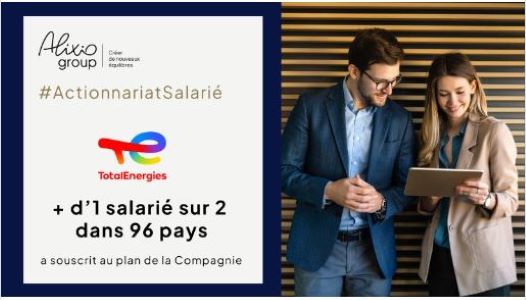 #Rémunération 
L’actionnariat salarié s’impose en France, comme une opportunité pour tous. 
Alixio et ses équipes sont fiers d’avoir accompagné #TotalEnergies 
👥Plus de 1 salarié sur 2 (55%) de la Compagnie a souscrit au plan dans 96 pays🌍