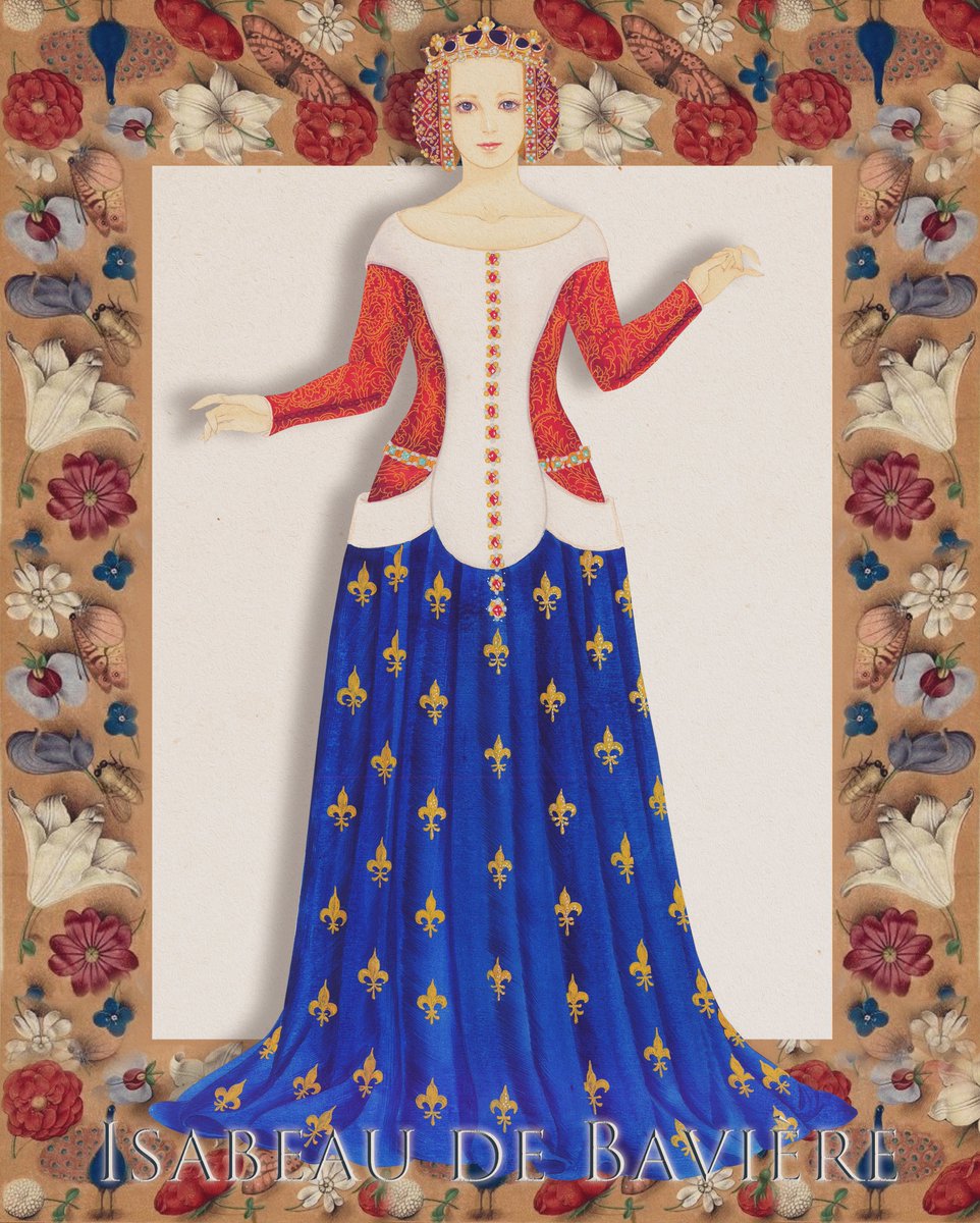 Heqijn's tweet photo. The clothing of Queen Isabella of Bavaria when she was young~European aristocratic women in the 14th century, who liked to wear skirts called surcotouvert~As the queen of France, skirts were a symbol of the French royal family.💙⚜️

 #middleages #valois #frenchqueen https://t.co/KgppWuBJWw