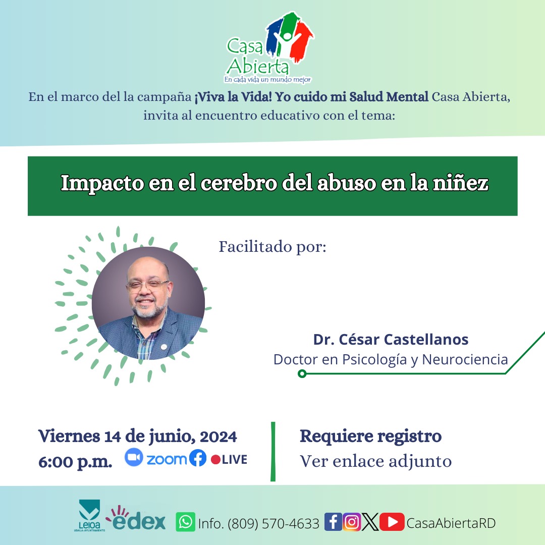 En el marco de la campaña #VivalaVida #YocuidomiSaludMental, #CasaAbiertaRD invita al encuentro educativo ''Impacto en el cerebro del abuso en la niñez'', el viernes 14 de junio de 2024, a las 6:00 P.M.

Registro 👇
📌us02web.zoom.us/meeting/regist…