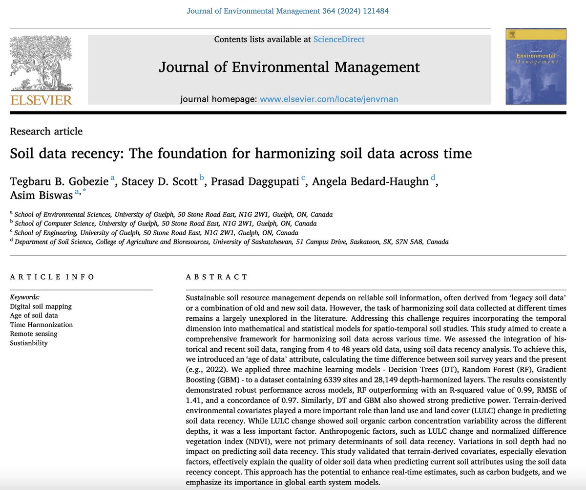 ᴛᴇɢʙᴀʀᴜ ʙ. ɢᴏʙᴇᴢɪᴇ (@soilumbilical) on Twitter photo I am super excited to share our latest paper on ‘Soil Data Recency”. Curious to learn more? Checking out the full paper: authors.elsevier.com/sd/article/S03…
Big thanks to <a href="/BiswasSoilLab/">Asim Biswas</a>, Angela Bedard-Haughn, <a href="/PrasadDaggupati/">Prasad Daggupati</a> and Stacey Scott. I am super excited to share our latest paper on ‘Soil Data Recency”. Curious to learn more? Checking out the full paper: authors.elsevier.com/sd/article/S03…
Big thanks to <a href="/BiswasSoilLab/">Asim Biswas</a>, Angela Bedard-Haughn, <a href="/PrasadDaggupati/">Prasad Daggupati</a> and Stacey Scott.