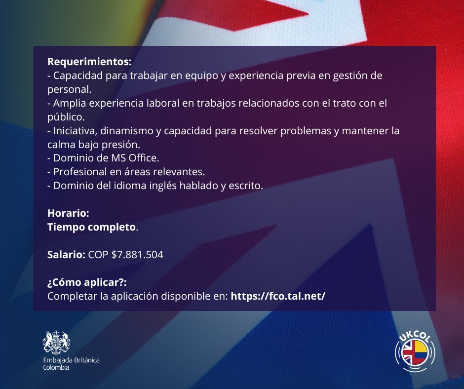 ¡Únete a nuestro equipo #UKCOL🇬🇧🇨🇴!

Buscamos un/a Vicecónsul y Jefe de la Sección Consular en Bogotá que dirigirá las operaciones consulares y garantizará el apoyo a los ciudadanos británicos en Colombia.

Postúlate hasta el 23 de junio aquí 👉🏽
fco.tal.net/vx/lang-en-GB/…