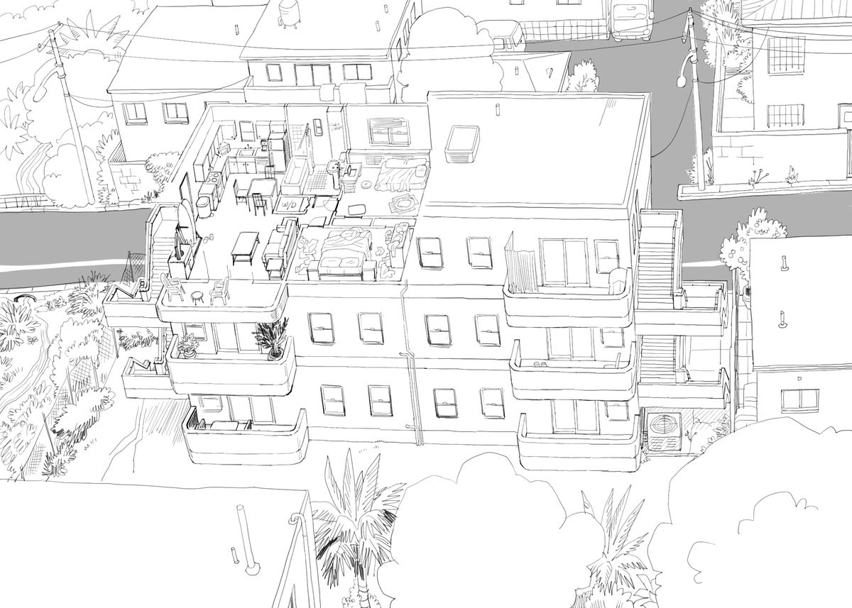 i probably ought to color this. anyway its my ocs apartment + building + LMFAO