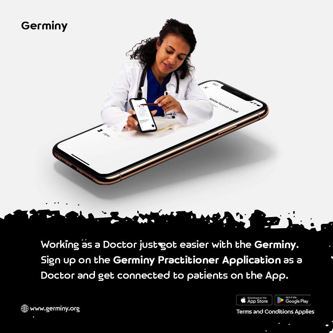 Germiny_Tech's tweet photo. Are you a Doctor?
Do you know that working as a Doctor just got easier with the Germiny Practitioner Application?
Sign up on the Germiny Practitioner Application today to get started.
#germiny
#practitionerapplication
#doctor https://t.co/ZGgSQG09j4
