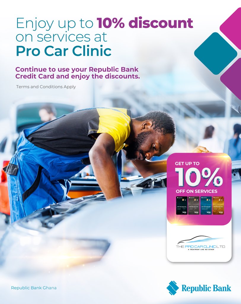 It doesn’t have to be about you every weekend, sometimes give your car a treat. Enjoy 10% discount on services when you visit <a href="/theprocarclinic/">The Pro Car Clinic</a> 
Pay with your #RepublicBank VISA Credit Card to enjoy this discount.
Republic Bank VISA Credit Card… your convenient payment partner.