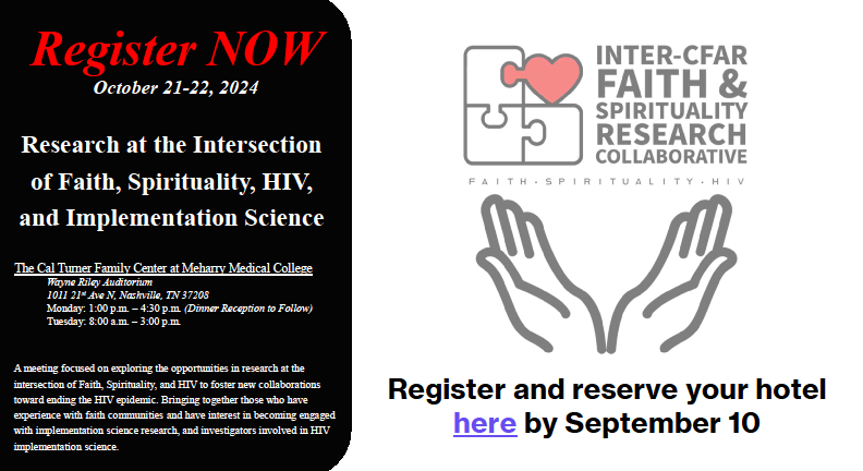 PennCFARCAB's tweet photo. REGISTER NOW: Inter-CFAR Faith &amp; Spirituality Research Collaborative National Meeting - Research at the Intersection of Faith, Spirituality, HIV, and Implementation Science
Register and reserve here: https://t.co/inqqZeig1L https://t.co/rJbvtc7MwN