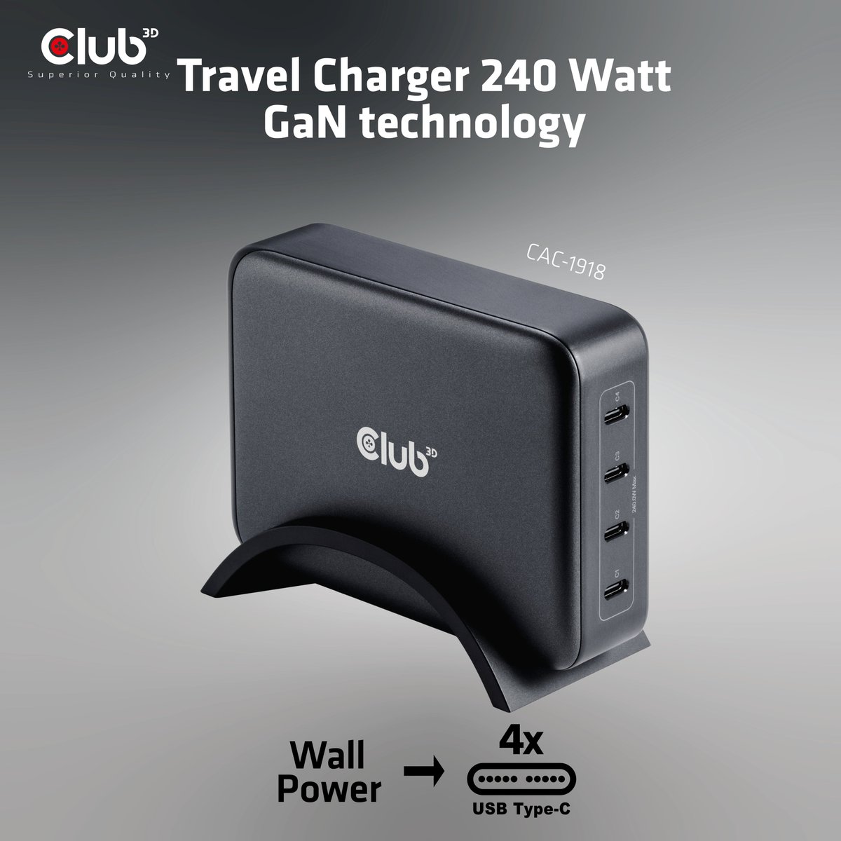Upgrade Your Travel Charging Game with the Club 3D CAC-1918!
This Travel Charger offers 240 Watt GaN technology, four USB Type-C ports, and Power Delivery 3.1 and PPS support. Perfect for business travelers and power users, this charger eliminates the need for multiple adapters.