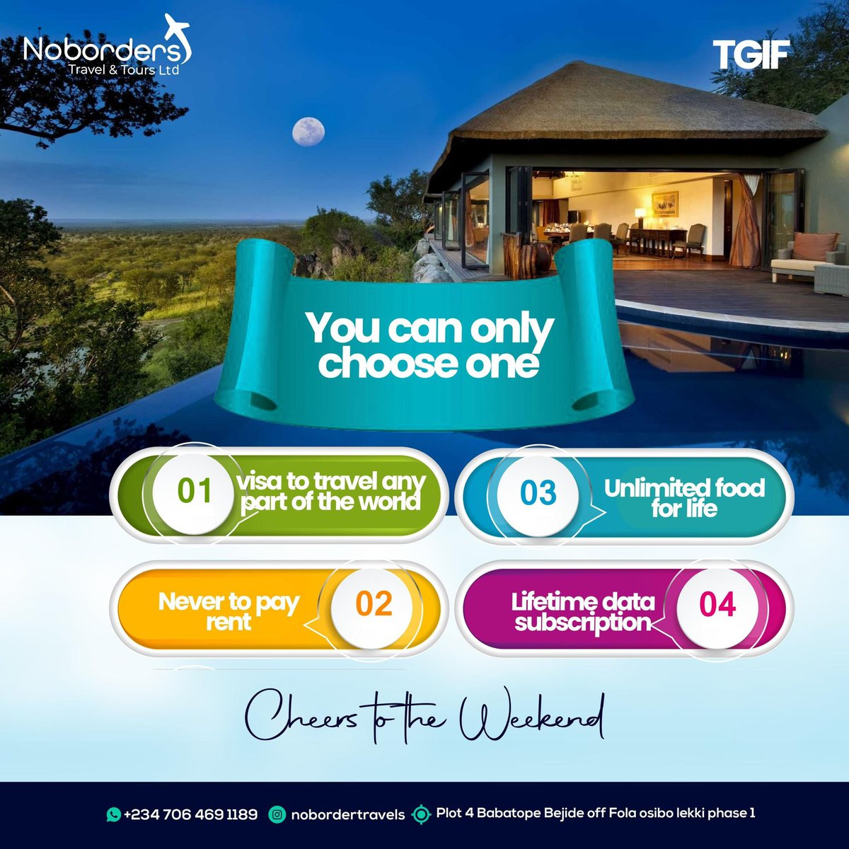Noborder_travel's tweet image. TGIF!🔥🔥🔥

 Make your forever even better with one lifetime pick:

- Visa to travel any part of the world
- Unlimited food for life
- Never pay rent again
- Lifetime data subscription

Which one would you choose? Let us know!

#G72024 #MforM #olise #dstv #penelope #euros2024