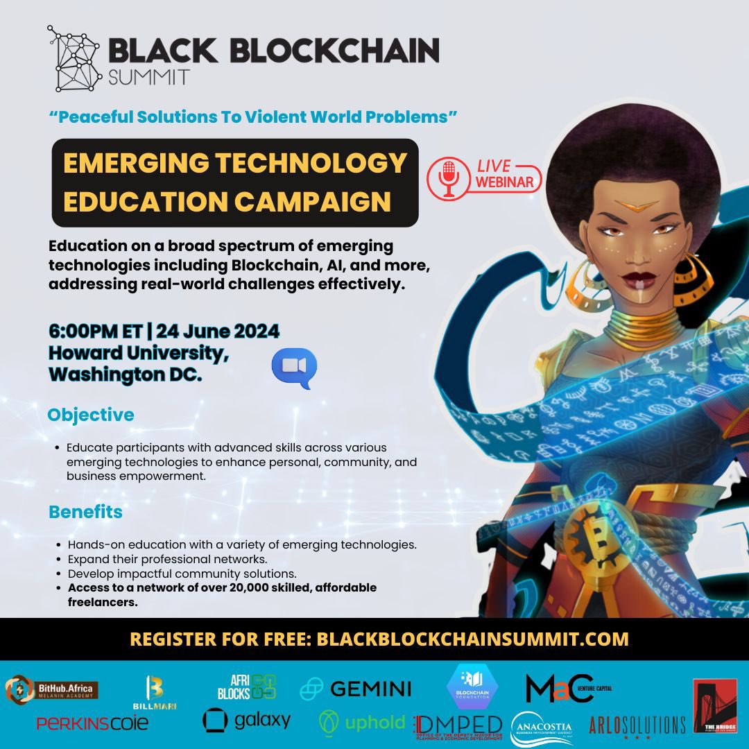 afriblocks's tweet photo. Join Us Virtually

We invite you to join us virtually for the first session of this groundbreaking Emerging Technology Education Campaign on June 24, 2024, at 6:00 PM ET. 

Register for Free: https://t.co/ulmgnCnmDt

@BlkBlockchainDC https://t.co/tAi6gn0WrF