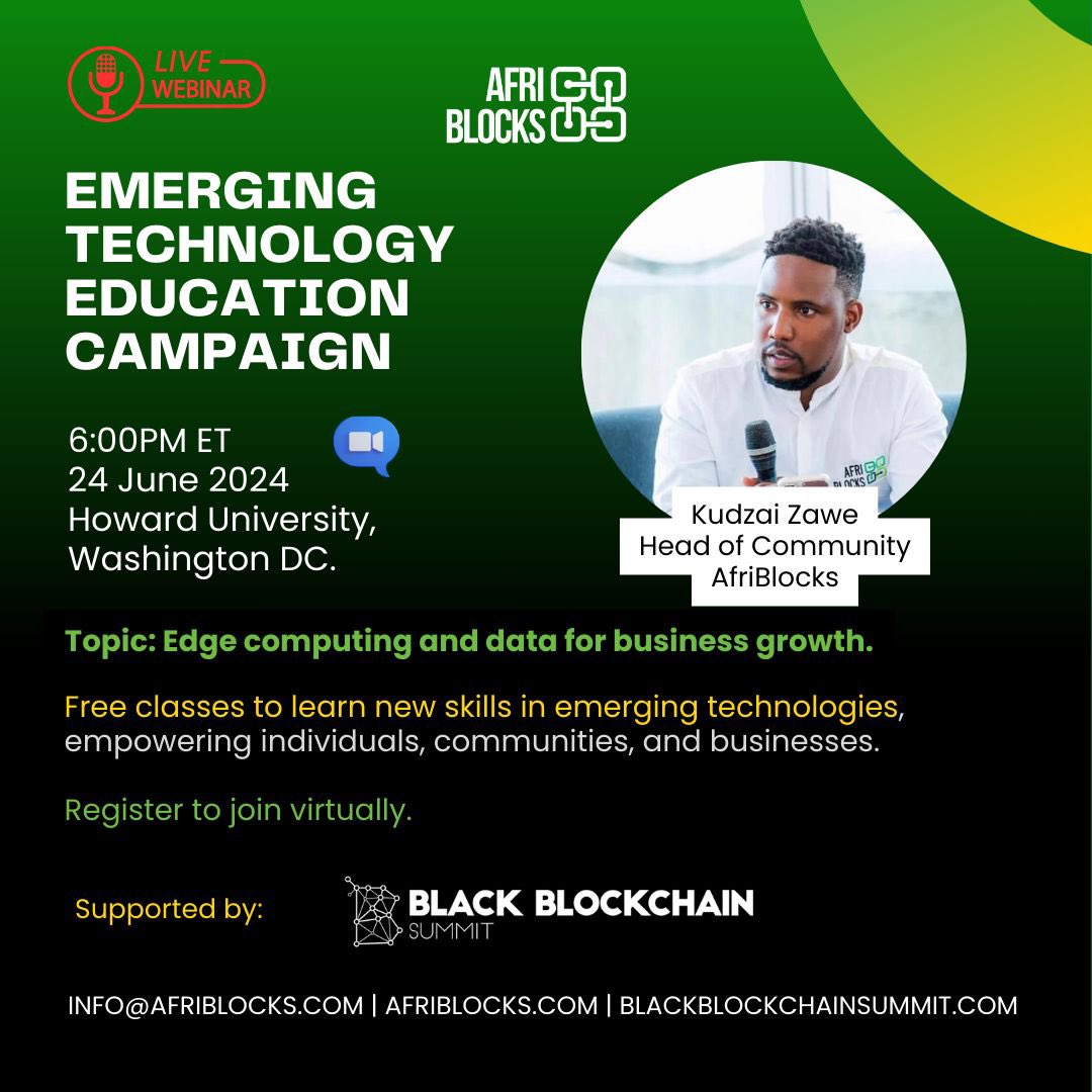 afriblocks's tweet photo. Join Us Virtually

We invite you to join us virtually for the first session of this groundbreaking Emerging Technology Education Campaign on June 24, 2024, at 6:00 PM ET. 

Register for Free: https://t.co/ulmgnCnmDt

@BlkBlockchainDC https://t.co/tAi6gn0WrF