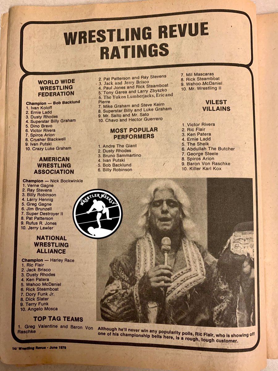 wrestlerweekly's tweet photo. WRESTLER WEEKLY PRESENTS #wwFridayRatings Wrestling Revue June 1979 #HotMag! #RicFlair #SuperstarGraham #BrunoSammartino #SR https://t.co/063PJYaePA