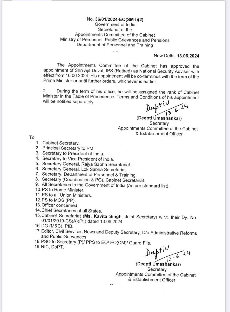 rajuparulekar's tweet photo. Dear Countrymen,🚨
Read Carefully 👇

SUB: Bureaucrats’ Farm ‼️

Narendra Modi’s autocratic style of functioning is nurtured by the power hungry bureaucrats. He has relied on these greedy Babus and the quid pro quo comes at the cost of Democracy. There are plethora of examples showing special privileges in appointments and extension of tenures/Service periods of the heads and deputies of the CBI, ED, ECI, NIA, Secretaries to the GOI, DGPs and even MDs of the State/Union PSUs. Babus have also been given tickets and appointed as Ministers on their election.

Disgracefully, an Ex-General also jumped into this right wing politics and communalism. Judges have also shown their keenness to contest Elections and hold political offices. They all seem to want their share of the spoils ‼️

Assured of Baksheesh, the greedy Babus ‘apply their minds’ for Modi regime. It results in interpretion of the subtext of the laws, rules and regulations in a manner that suits Modi’s requirements and enables him to extend his clout. 

The latest and the most startling example of knighting the favourite bureaucrats is the appointment of Ajit Doval as the National Security Advisor (NSA), for the third consecutive term. When Doval was first appointed as NSA in 2014, he was 69 years old. At 79, he is appointed for the third consecutive tenure and invested with the rank of a Cabinet Minister. So much is he indispensable for Modi ‼️

Even the Supreme Court’s judges, Election Commissioners retire at the age of 65 and the Chief of Defence Staff and Service Chiefs of Army, Navy and Air Force retire at 62. But Doval has been going on ‼️

The Chinese took away 4,064 sq. kms. of land by killing twenty Indian soldiers in June 2020, the RDX laden car blew the Army convoy in Pulwama and the source of RDX not known till date, the Chinese aggression at Doklam and Arunachal Pradesh, continue unchecked, Manipur burns but Ajit Doval continues to get promotions, unquestioned.

Despite China proving to be Modi’s Achilles heel and its influence increasing everyday, Doval continues on his post. 

Are Modi’s Babus more important than the Nation and its strategic interests ❓
The Bureaucrats lack the sense of appreciation of the WILL OF THE PEOPLE and are NOT AT ALL ACCOUNTABLE for the same. They merely know to interpret the rules in such a way that saves their skin first rather than achieve the desired output for the people. The means become end for the Babus as they learn to draw benefits by keeping the processes prolonged (Parkinson’s Law).