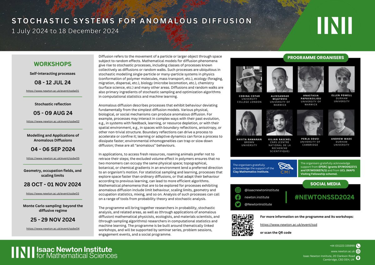 📢 We are happy to announce the upcoming programme: Stochastic systems for anomalous diffusion

We look forward to welcoming this exciting programme and its participants to the Institute.

🔗 Learn more about the programme here: newton.ac.uk/event/ssd/

#NewtonSSD2024
