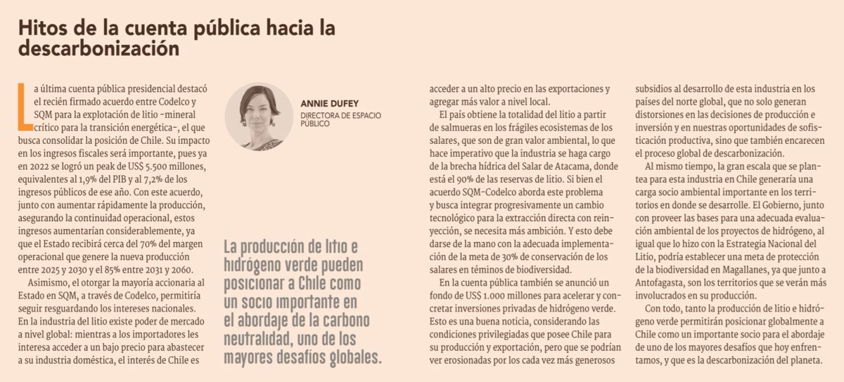 📣 "La producción de #litio e #hidrógenoverde pueden posicionar a Chile como un socio importante en el abordaje de la carbono neutralidad, uno de los mayores desafíos globales", señala nuestra directora <a href="/anniedufey/">Annie Dufey</a> en su columna para el <a href="/DFinanciero/">Diario Financiero</a> 👇🏽
df.cl/opinion/column…