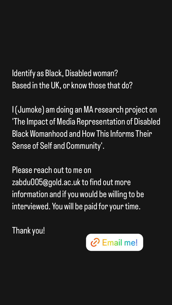 The Triple Cripples (@triplecripples) on Twitter photo Hit up the baby girl Jumoke (<a href="/herroyalj/">jayonlife | FREE PALESTINE 🇵🇸 ✊🏾</a>) at zabdu005@gold.ac.uk if you would like to take part and are interested in finding out more!
#TripleCripples #Academia #Research Hit up the baby girl Jumoke (<a href="/herroyalj/">jayonlife | FREE PALESTINE 🇵🇸 ✊🏾</a>) at zabdu005@gold.ac.uk if you would like to take part and are interested in finding out more!
#TripleCripples #Academia #Research