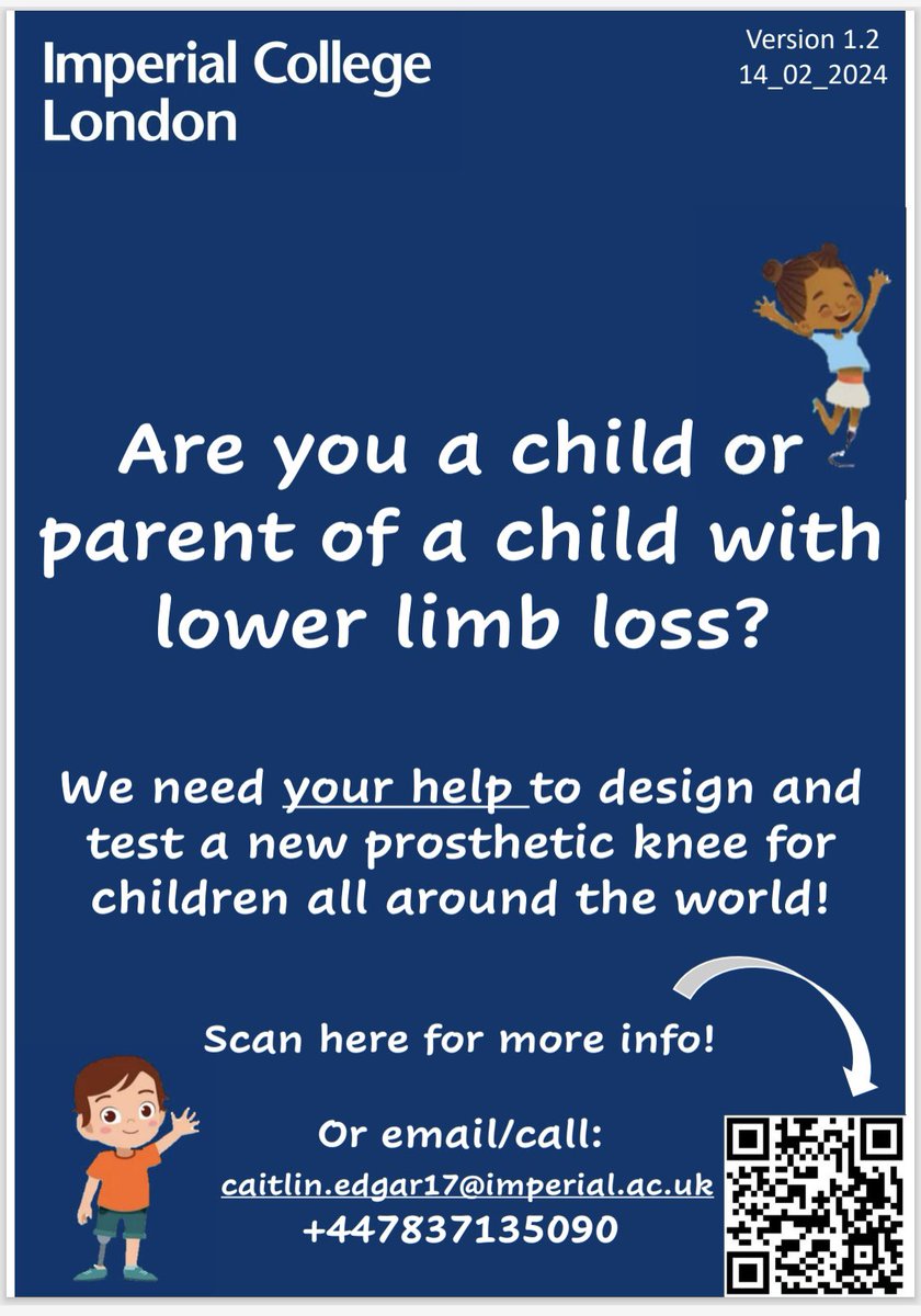 ❗️New Prosthetic Knee Joint for Children❗️
We are looking for children and teenagers with limb absence to try out an exciting new prosthetic knee joint as part of a research study. 
Click the link below to find out more and then read on to hear our story!

myqrcode.com/qr/2bde5a9c/vi…
